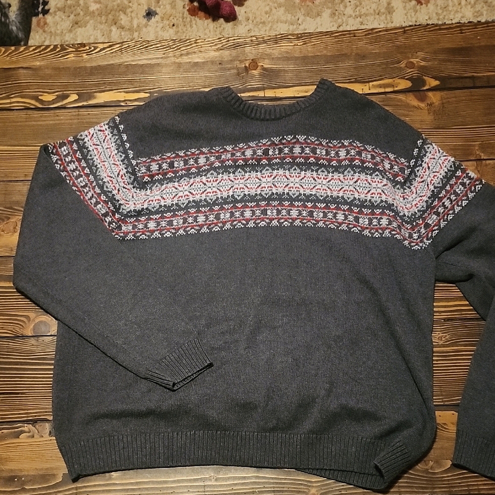 Chaps Men’s Fair Isle Knit Sweater – Gray/Red – XXL – 100% Cotton